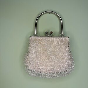 Vintage beaded cream handbag satin mini purse formal evening